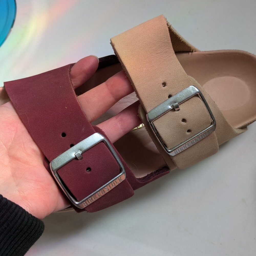 Birkenstock Two-Tone Adjustable Buckle Sandals in Burgundy and Beige - Picture 12 of 13